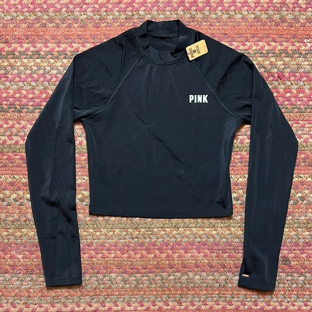 NWT VS PINK BLACK RASH GUARD SWIM BEACH LONG SLEEVE